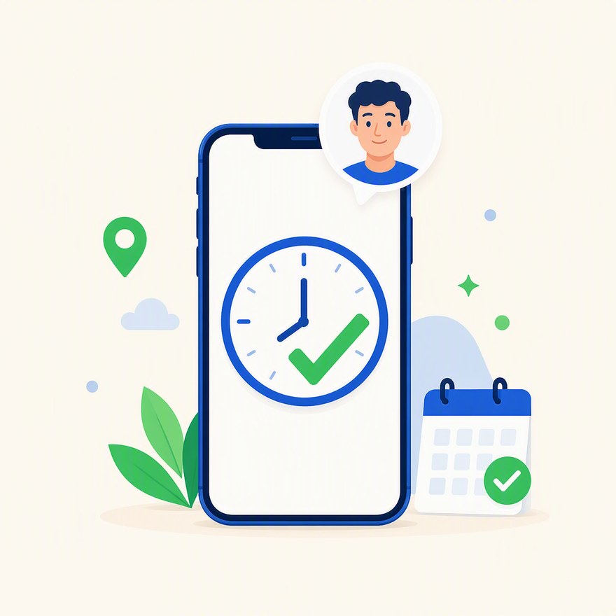 Ilustración de Jornada Fácil: teléfono con reloj y paloma de verificación